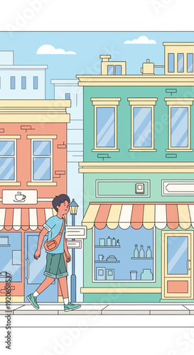 A Young Man Strolls Through Town, Exploring Shops and Enjoying the Day's Vibe