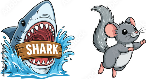 Fierce Great White Shark Emerging from Water Biting Wooden Sign and Cute Grey Chinchilla Jumping Vector Illustration for Marine and Pet Theme Designs