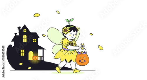 Cute Fairy With Pumpkin Bag Trick or Treating On Halloween Night