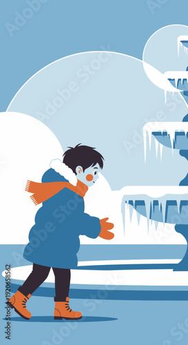 A Young Person Bravely Explores a Winter Wonderland Near a Frozen Fountain's Edge