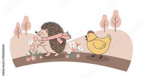 Charming Hedgehog And Chicken Strolling Through The Meadow Together In Early Springtime