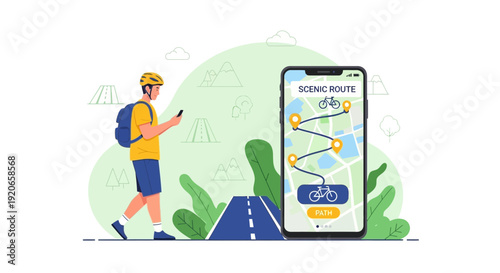 Cyclist Using App for Scenic Route Planning and Exploration Illustration Concept Design