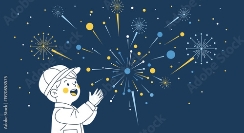 A Young Person Thrilled Watching Fireworks Displayed Against a Dark Blue Sky