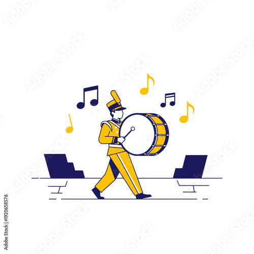 A Marching Band Percussionist With a Snare Drum Performing Amidst Musical Notes