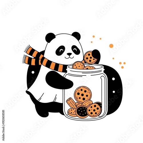 Charming Panda Adorned With a Scarf and a Delightful Jar Filled with Baked Cookies