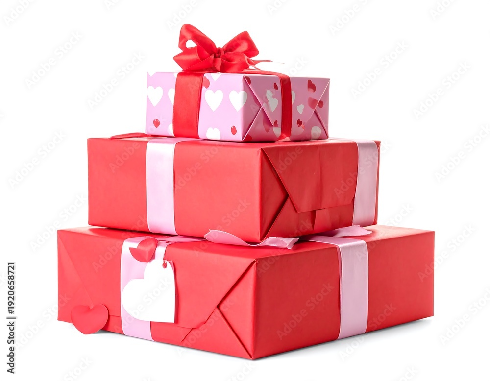 Fototapeta premium Stack of red/pink wrapped gifts, pink ribbons, heart tag on white