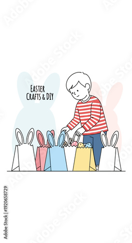 Charming Young Person Filling Easter Gift Bags with Festive Decorations and Treats