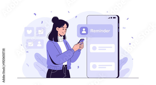 Digital Reminder App Interface: Modern Woman Interacting With Smartphone Technology