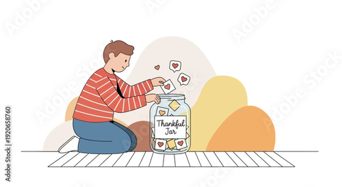 Adding Positive Thoughts To A Gratitude Jar, Symbolizing Contentment And Appreciation