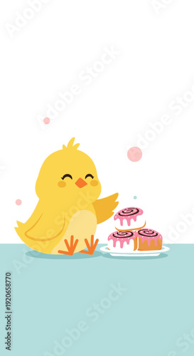 Cheerful Yellow Chick With Sweet Cinnamon Rolls Presents Delightful Treat on White Background