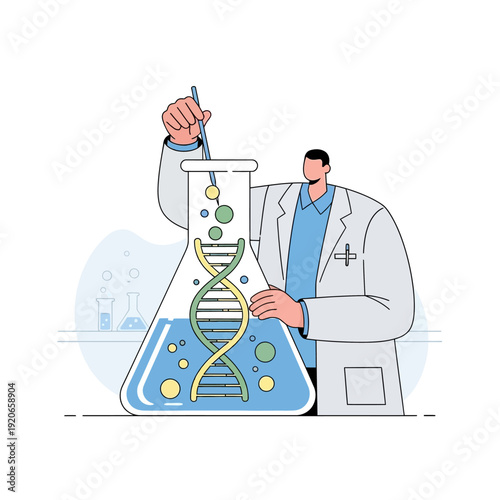 Scientist examines DNA helix in laboratory flask, biotechnology research concept