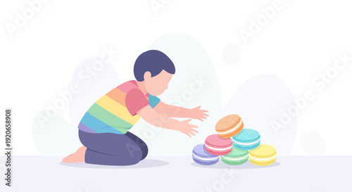 Child Reaches for Colorful Macarons in Playful Illustration on White Background
