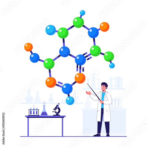 Scientist Explains Molecular Structure in Laboratory with Microscope and Flasks