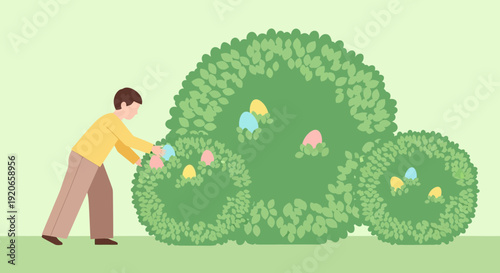 Easter Celebration: Man Hunting For Hidden Eggs In The Decorative Greenery
