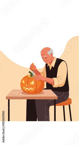 Elderly Artisan Crafting Spooky Pumpkin Lantern Using Dexterous Carving Skills for Halloween Display
