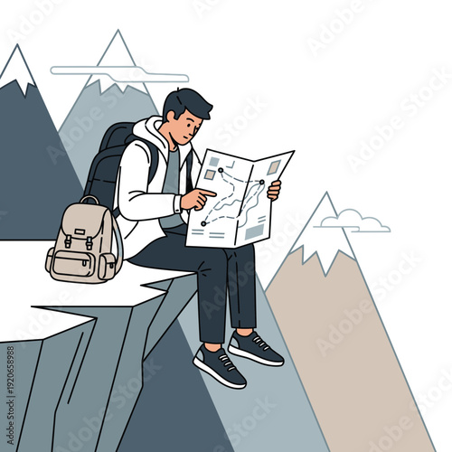 Adventurous Traveler Planning Route on Cliffside Overlooking Majestic Mountain Range Scenery