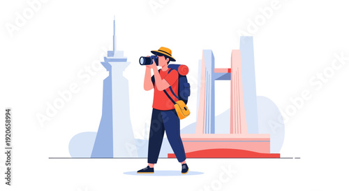 Adventurous Traveler Capturing Urban Beauty with a Camera, Exploring Cityscapes