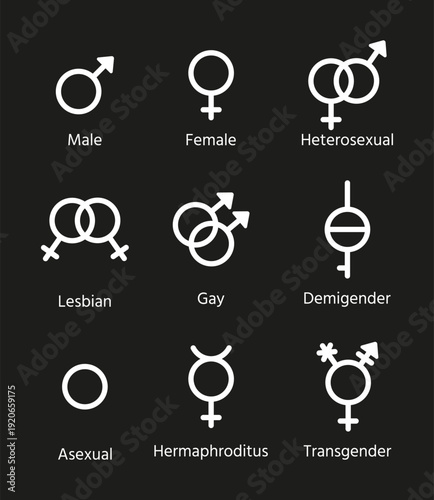 Set outline gender icons. Multigender symbols isolated on black background. Vector male, female, transgender, gay and other orientation signs. Simple illustration. Sexual concept.