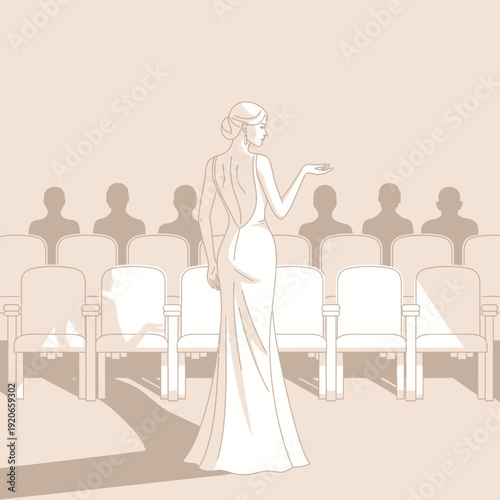 Elegant Woman in a Gown Addressing an Audience in a Sophisticated Auditorium Setting
