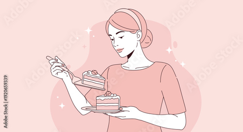 Elegant Woman Presenting Two Pieces Of Cake, Sweet Treat And Culinary Delight Illustration