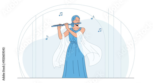 Elegant Woman Playing Flute with Flowing Fabric and Musical Notes Illustration