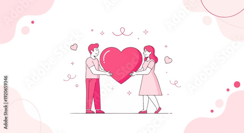 Couple Sharing Love Through a Heart Illustrative Design Representing Romance and Affection