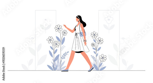 Elegant Young Woman Strolling Through a Garden, Enjoying a Moment of Serenity