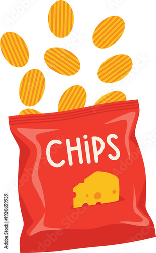 Flat Vector Illustration Set of Crunchy Potato Chips Popping Out of a Red Snack Bag with Cheese Flavoring and Muddy Green Rain Boots Alongside a Whisk Splashing Batter in a Blue Bowl