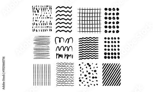 An array of abstract black and white dot patterns arranged in a grid. isolated on white background, Vector