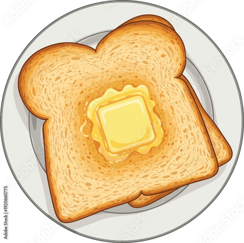 Golden Brown Toasted Bread Slices with Melting Square of Butter on White Ceramic Plate for Breakfast Menus, Healthy Eating, and Cafe Graphics