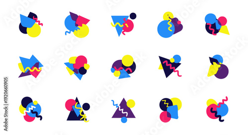 Vibrant abstract geometric shapes collection, colorful retro modern graphic design elements