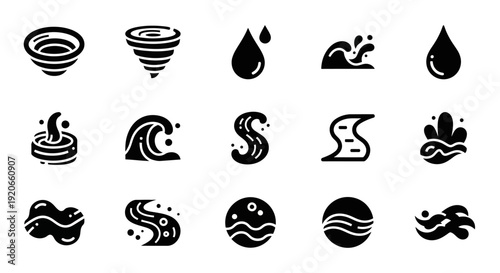 Water and Liquid Icons Set: Flow, Waves, Drops, and Vortex Symbols for Fluid Dynamics Graphics