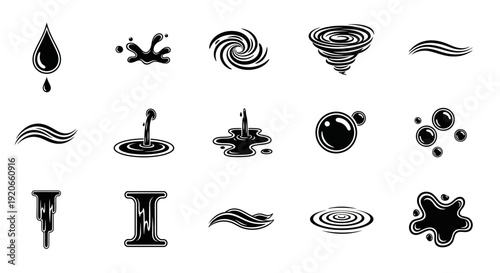 Water and Liquid Effect Icons Set: Drops, Splashes, Waves, Bubbles, and Swirls