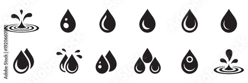 Water drop icon set, flat droplet logo symbol collection, vector water shapes, liquid icons for design projects, isolated white background