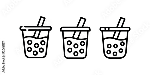 Boba bubble tea cup icon collection featuring refreshing milk tea drinks with tapioca pearls and straws for beverage menu design and sweet cafe branding