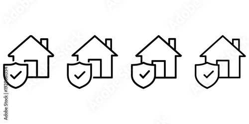 Home insurance icon set with house and shield symbol vector illustration for property protection and real estate security concept design for business