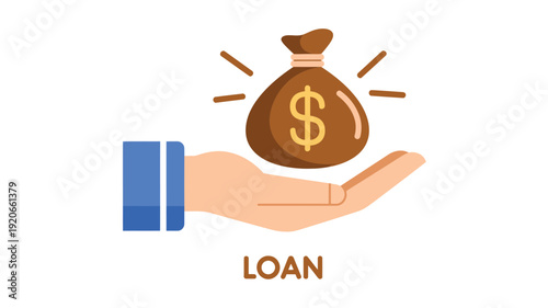Hand holding money bag with dollar sign, loan concept illustration in a simple 2D style from a straightforward viewpoint