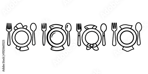Dining place setting icons showing fork plate and spoon in four different line art styles for restaurant menu design and home kitchen culinary theme