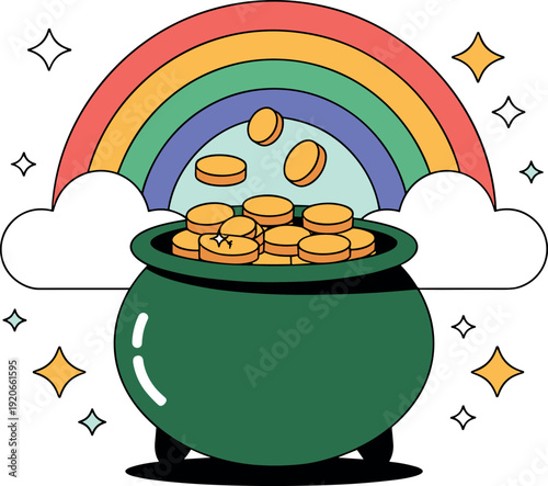 Lucky pot of gold coins under a vibrant rainbow