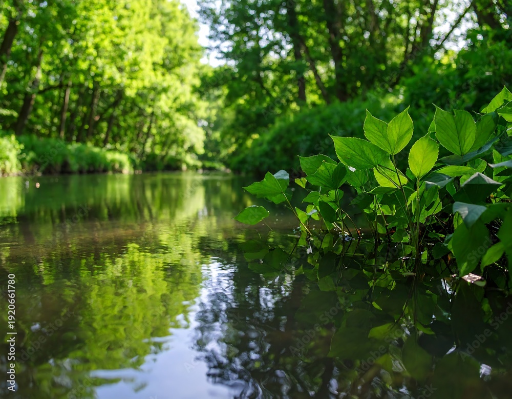 Fototapeta premium Serene River Surrounded by Lush Green Foliage.