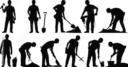 Construction worker silhouettes illustration with tools, hammer, shovel, jackhammer, measuring, manual labor concept, black and white artwork design