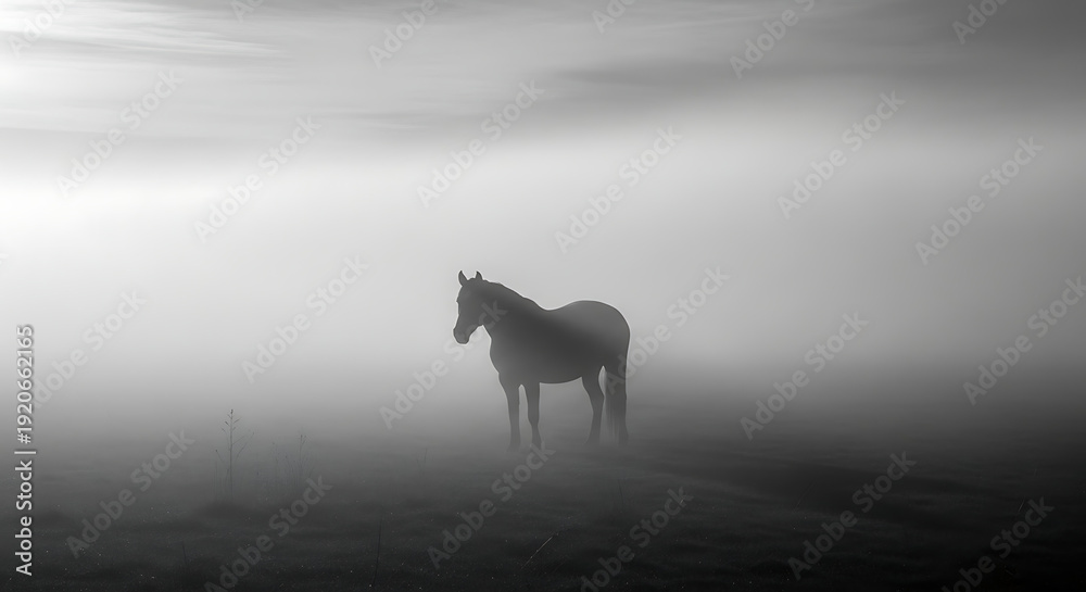 Fototapeta premium Majestic horse standing alone in mysterious foggy landscape