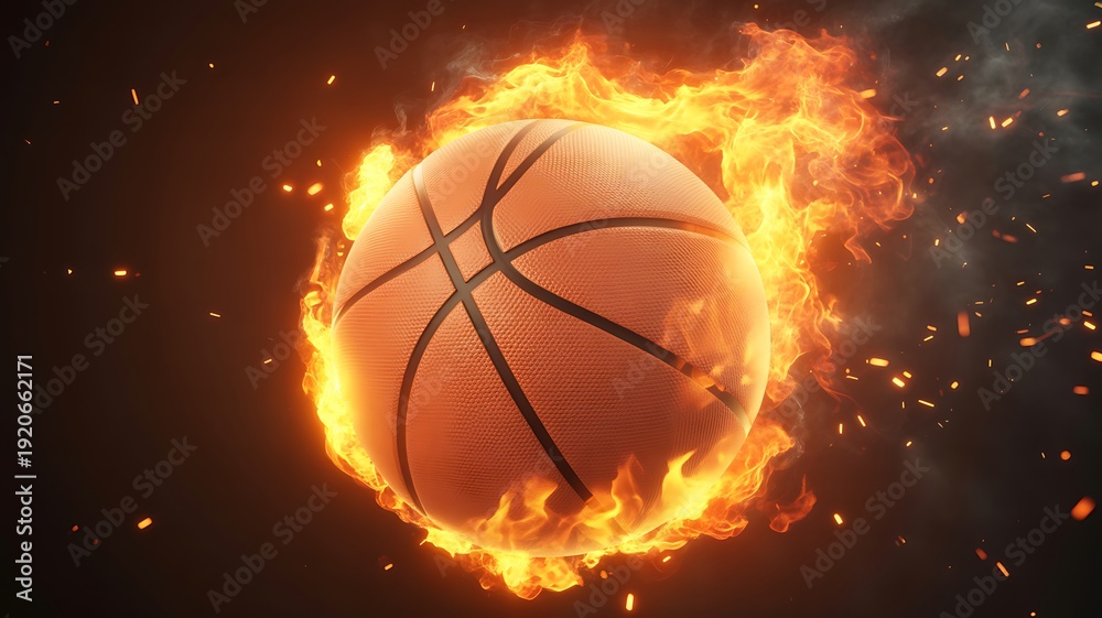 Fototapeta premium A basketball engulfed in bright orange and yellow flames with sparks flying around it against a dark background