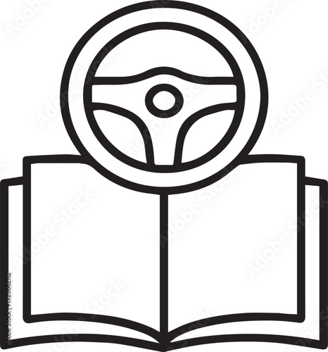 Line Art Icon of an Open Manual with a Steering Wheel Symbolizing a Driving Guide