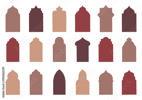 Set of Islamic shape window frame in flat style. Arab frame set. Ramadan Kareem silhouette icon. Mosque gate. Islamic arabesque pattern. Vector mosque gate shape isolated on background.