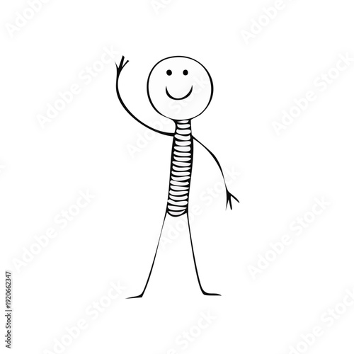 Simple hand-drawn stick figure person waving cheerfully and smiling, conveying a friendly and approachable mood, on an isolated white background.