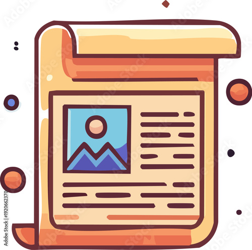 Stylized digital article or blog post layout featuring an image placeholder and text content, representing online media and information, in a bright studio background.