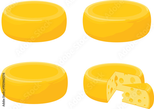 Set of Round Yellow Gourmet Cheese Wheels with One Sliced Wedge Showing Internal Holes for Deli, Grocery, and Culinary Food Designs
