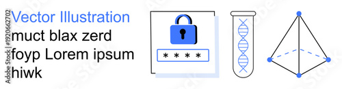 Digital security, data protection, biotechnology, DNA research, scientific innovation, data visualization. Lock with password, DNA helix geometric network icon. Cybersecurity and biotechnology