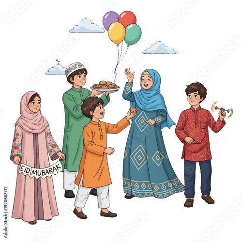 Muslim Family Celebrating Eid with Balloons.